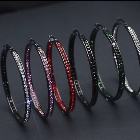 Black Metal Rhinestone Hoop Earrings Sparkle Crystal Big Channel Hoops Dark Glam - Picture 12 of 12